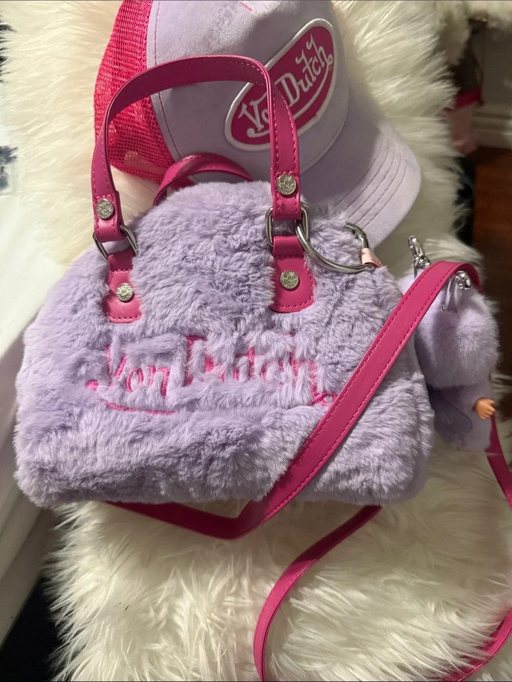 Von Dutch pink Purple fuzzy bag bratz Doll Keychain & Von Dutch Pink purple hat
